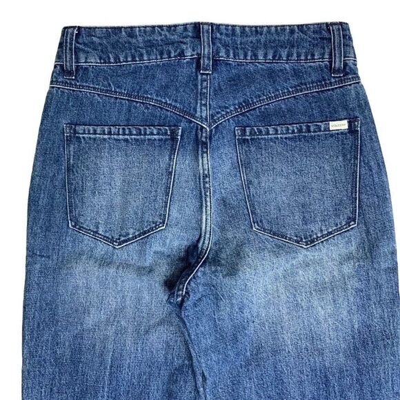 Volcom Wide Leg Flare Denim Jeans 7 Med Wash High Rise Button Zip Patch Pockets - Picture 4 of 5